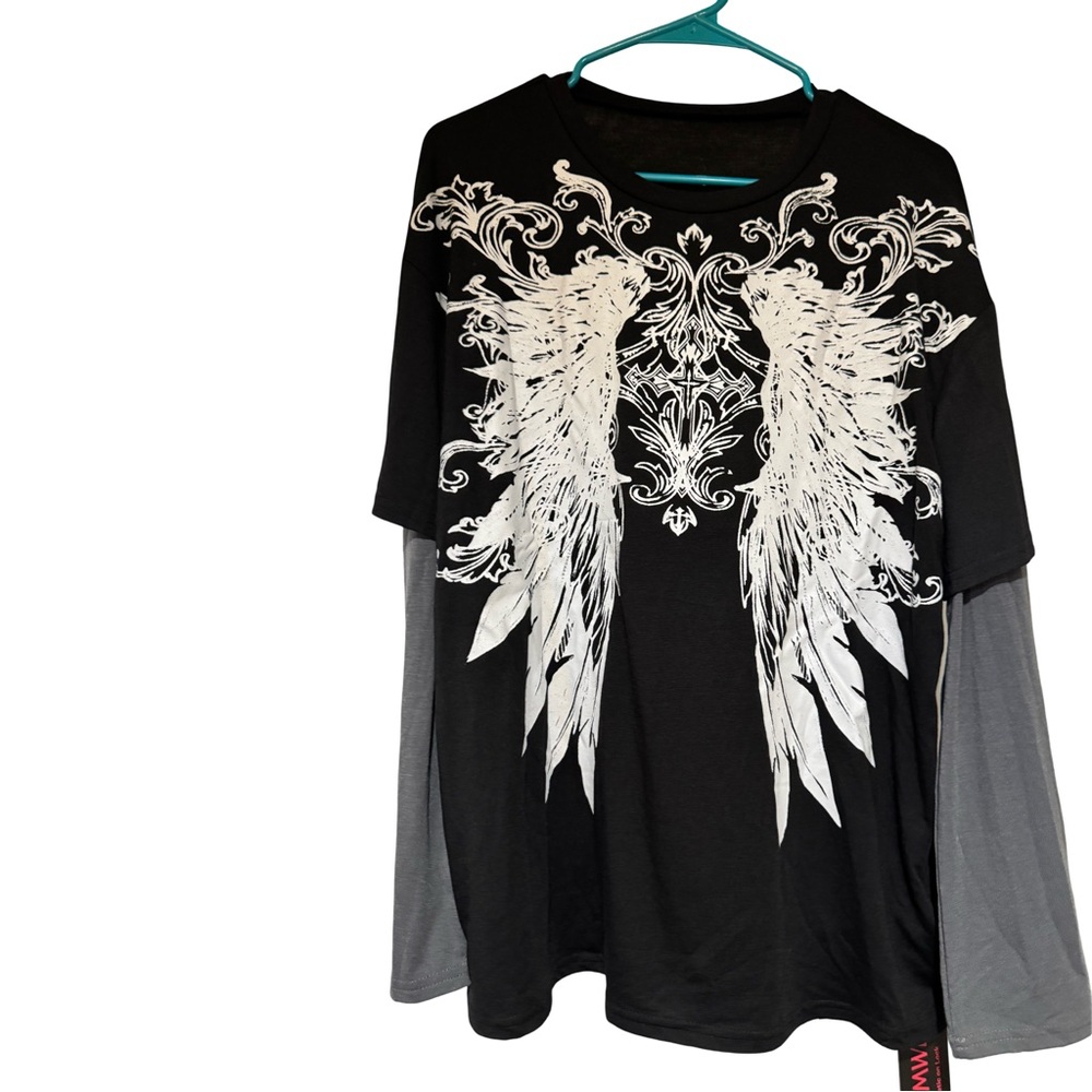 Black and Gray Wing Graphic Long Sleeve Shirt